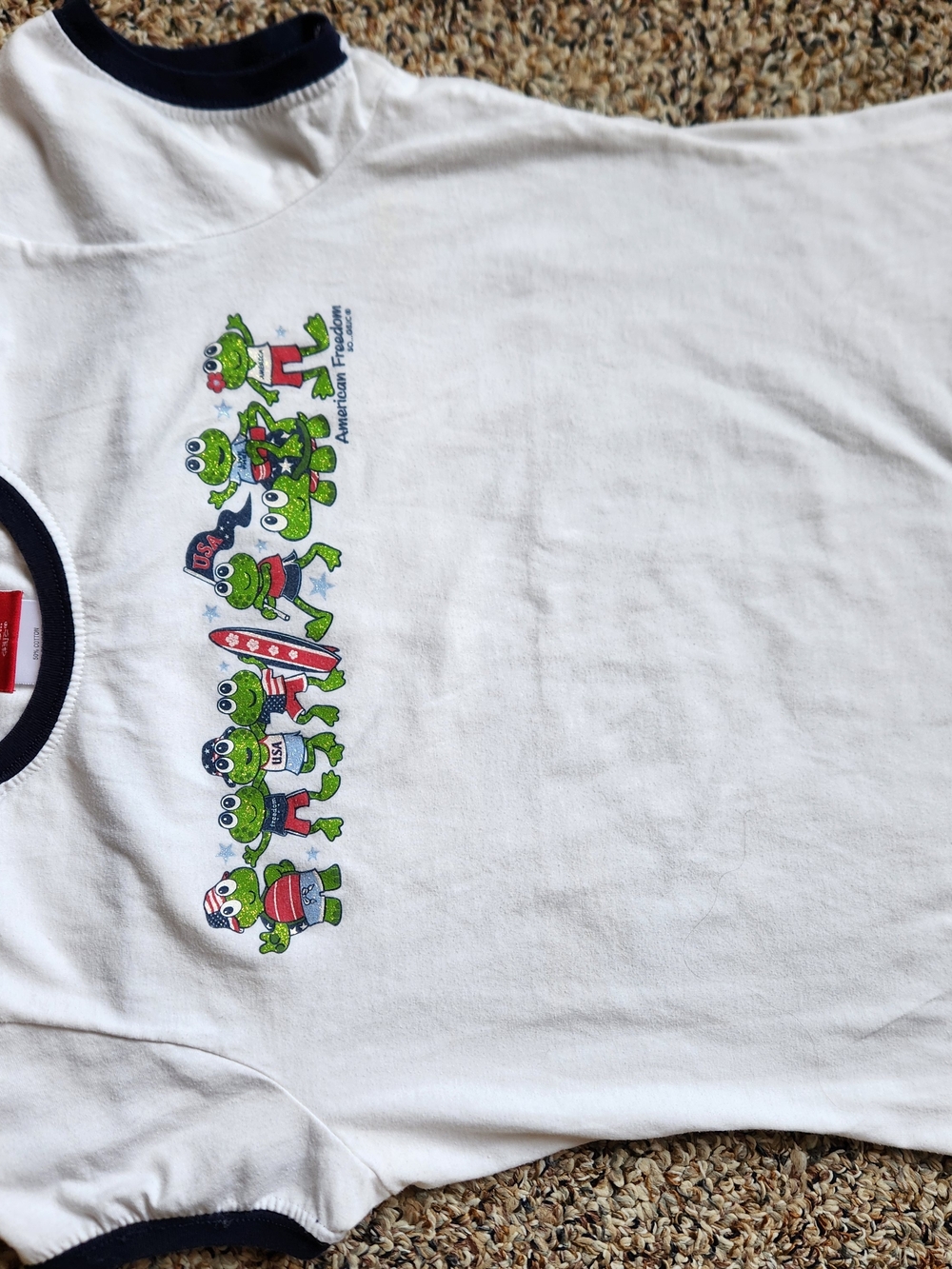 90s SO White Short Sleeve Ringer Tee with Navy Trim and Green Frog Row Graphic